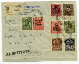 Rodi (egeo) Multifrkd.  Regist.  Express Cover To Roma Italy 11 - 8 - 1944