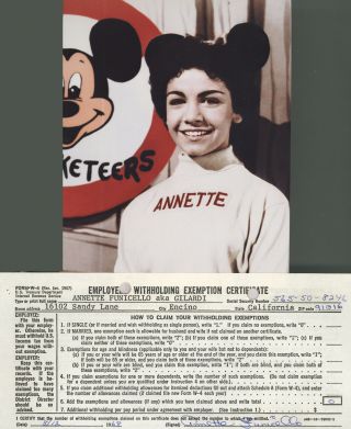 Annette Funicello Signed W - 4 Form (1969) W/ 5x7 Color Photo