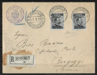 Nisiro Egeo Islands Italy 1917 Registered Cover With 2 X 20 On 15 C Sass 8 Vf