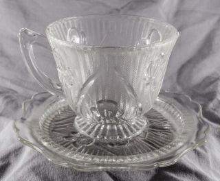 Vintage Depression Glass Jeannette Iris Clear Cup & Saucer Set Dmej