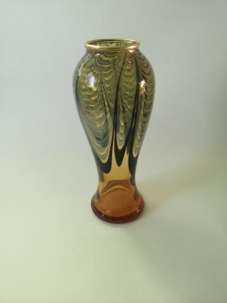 Vintage Okra Glass,  Richard Golding,  Pulled Feather.  Gold Trim Vase.