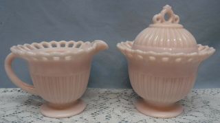 Vintage Pink Milk Glass Sugar & Creamer With Lid And Open Lace Trim