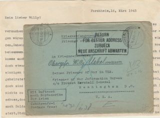 Germany 16mar 1945 Forchheim Prisoner Of War Cover,  Letter To Washington Retour
