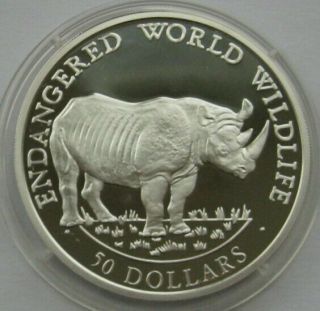 Cook Islands Silver 50 Dollars 1990 Black Rhinoceros Proof Coin