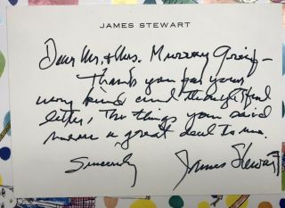 James Stewart Signed Hand Written Letter.  Jsa Authentic Jimmy Stewart