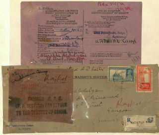 India Ww2 Wadhwan Camp Registered Cover 1941 Burma Rangoon Retour Refused Ag177