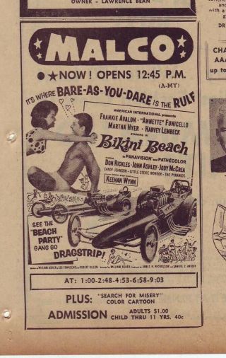 1964 Newspaper Ad For Movie " Bikini Beach " - Annette,  Avalon,  Bare - As - You - Dare