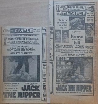 Two 1960 Newspaper Ads For Movie Jack The Ripper - Why Were His Victims Ladies?