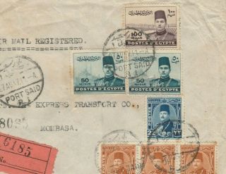 Egypt Reg.  Airmail Letter Tied High Values 22,  50,  100mill.  Sent Rare Mombasa1947