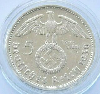German Coin 5 Mark Reichsmark 1936 G Swastika Hindenburg Silver 3rd Reich Ww2