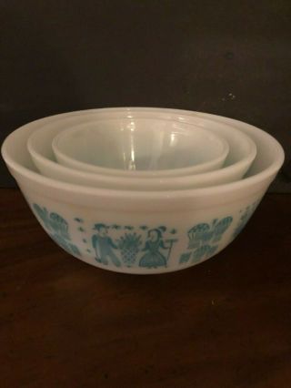 Vintage Pyrex Turquoise Amish Butterprint Nesting Mixing Bowls Set Of 3