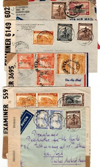 1942/43 Belgian Congo Via Bermuda (censor) To Usa Airmail Covers X 5.