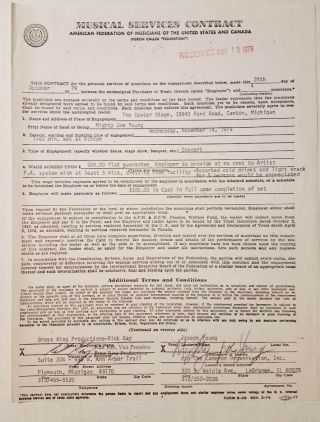 Mighty Joe Young Vintage Signed Concert Contract - 1979 Detroit Show