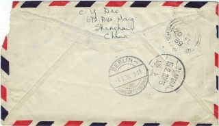China 1939 airmail cover Shanghai to Germany via Hong Kong 2