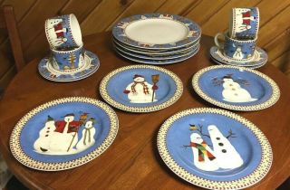 Debbie Mumm Christmas Snowman 20 Pc Dinner Plates Bowls Cups Service For 4 Nib