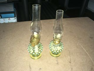 Vintage Fenton Art Glass Yellow Topaz Opalescent Hobnail Lanterns
