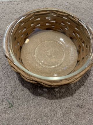 Corning Ny Vintage Round Wicker Basket & Pyrex Casserole Dish Leather Handles