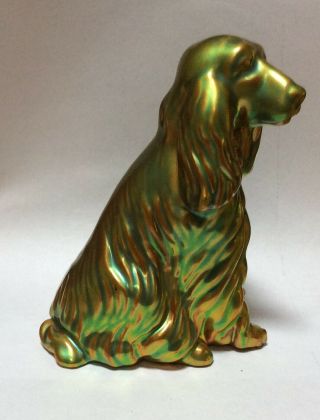Zsolnay Hungary Eosin Iridescent Gold Green Spaniel Dog Figurine