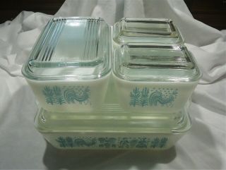 Vintage Pyrex Amish Turquoise And White Butterprint Refrigerator 8 Pc.  Set