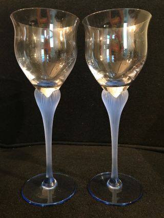 Set Of 2 Mikasa Crystal Sea Mist Sapphire Blue Pattern Water Wine Goblet 9 - 1/4 "