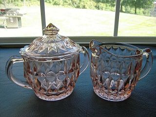 Depression Jeannette Glass Pink Windsor Covered Sugar & Creamer Set