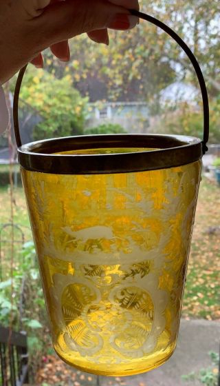 Vintage Bohemian Cut To Clear Amber Yellow Etched Ice Bucket Czechoslovakia