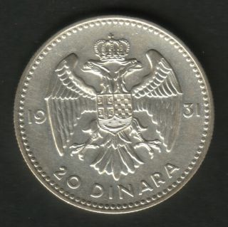 Yugoslavia 20 Dinara 1931.  Silver Coin,  Km 11