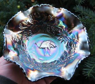 A Australian Crown Crystal Emu Pattern Amethyst Carnival Glass Bowl