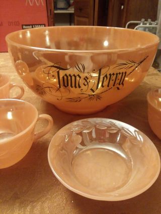 Fire King Tom & Jerry Lustre Ware Peach Punch Bowl Set W/ 3 Cups And Saucer Dish
