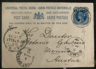 1893 Sibpur India Postal Stationary Postcard Cover To Vienna Austria Botanic Gar