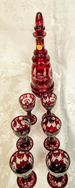 Egermann Bohemian Glass Ruby Red Etched Cut To Clear Glass Decanter 6 Cordials