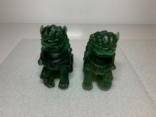 Daum Pate De Verre Art Glass Green Chinese Foo Dogs Figurines