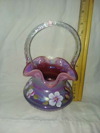 Fenton Vintage Raspberry Glass Basket With Flowers Hand Painted And Signed