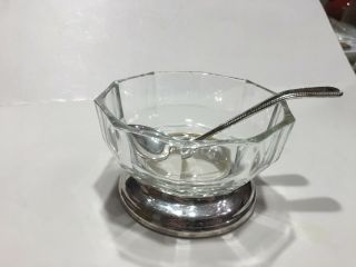 Vintage Glass Paneled Bowl Silver Plate Base With Silver Plate Spoon Italy Good