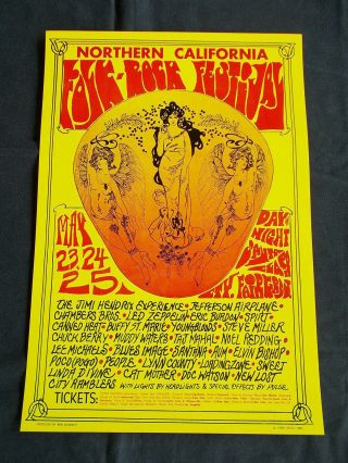 ,  1969 Northern California Folk Rock Festival Poster Hendrix Zeppelin 1.  Print