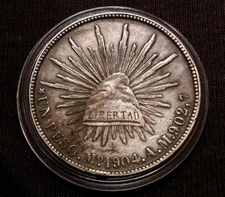 1904 Mexico Un Peso Radiant Cap Silver Crown Size