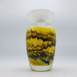 Vintage Nourot Studio Art Glass Vase - White Base W/ Yellow & Black Design Nbg