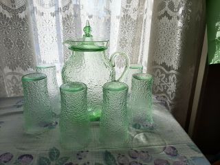 Vintage Depression Era Green Glass,  Ice Tea Set W/6 Tumbler 