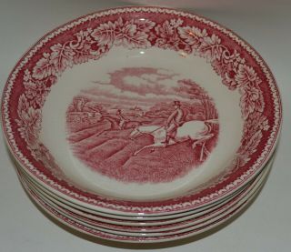 Set Of 6 Homer Laughlin Currier & Ives 8 " Bowl Fox Hunting Full Cry