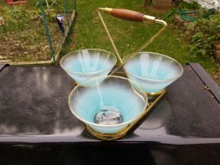 Vintage Blendo West Virginia Glass Co.  Glassware Turquoise Relish Bowls Carrier