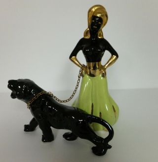 Vintage Mid Century Nubian Woman Figurine With Black Panther
