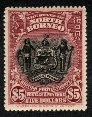North Borneo 1911 $5 Black & Lake Og Lmm Perf 14 Sg182 Sg Cat £200.  00,