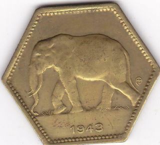 Belgian Congo 1943 2 Francs Elephant Hexagonal Belgium Congo