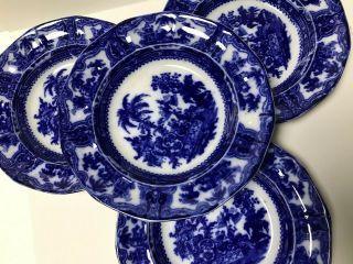 Set 4 W Adams Kyber Porcelain 9 " Soup Bowls Flow Blue C.  1890 England Wide Rim