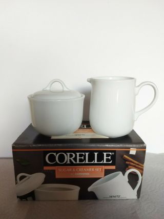 Corelle Corning White Creamer And Sugar Bowl With Lid Old Stock