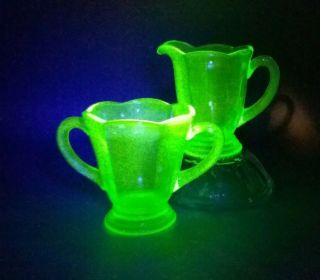 Green Vaseline Uranium Depression Glass Creamer And Sugar Bowl