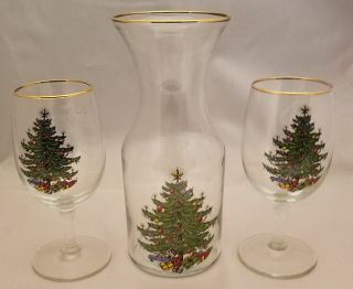 Christmas Tree - Green Trim By Spode - Carafe & 2 Wine Glass Set & Sugar Bowl