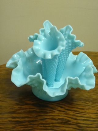 Vintage Fenton Turquoise Blue Milk Glass Hobnail Epergne Flower Vase