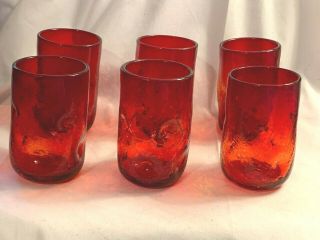 Set Of 6 Blenko Tangerine Pinched Crackle Glass Tumblers 4 - 3/4 " 12 Oz