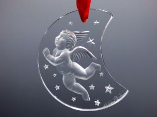 Lalique Cherub/ Angel On Moon Christmas Ornament 1998 Clear Frosted Crystal Box